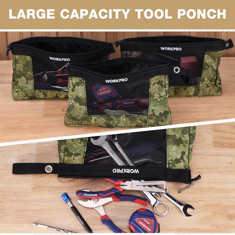 WORKPRO 12" Tool Pouches with Zipper, Heavy-Duty Small Tool Bag, Utility Small Tool Pouch for Tool Organizers and Storage, Mini Tool Bag, 3 Pack, Camo - Image 3
